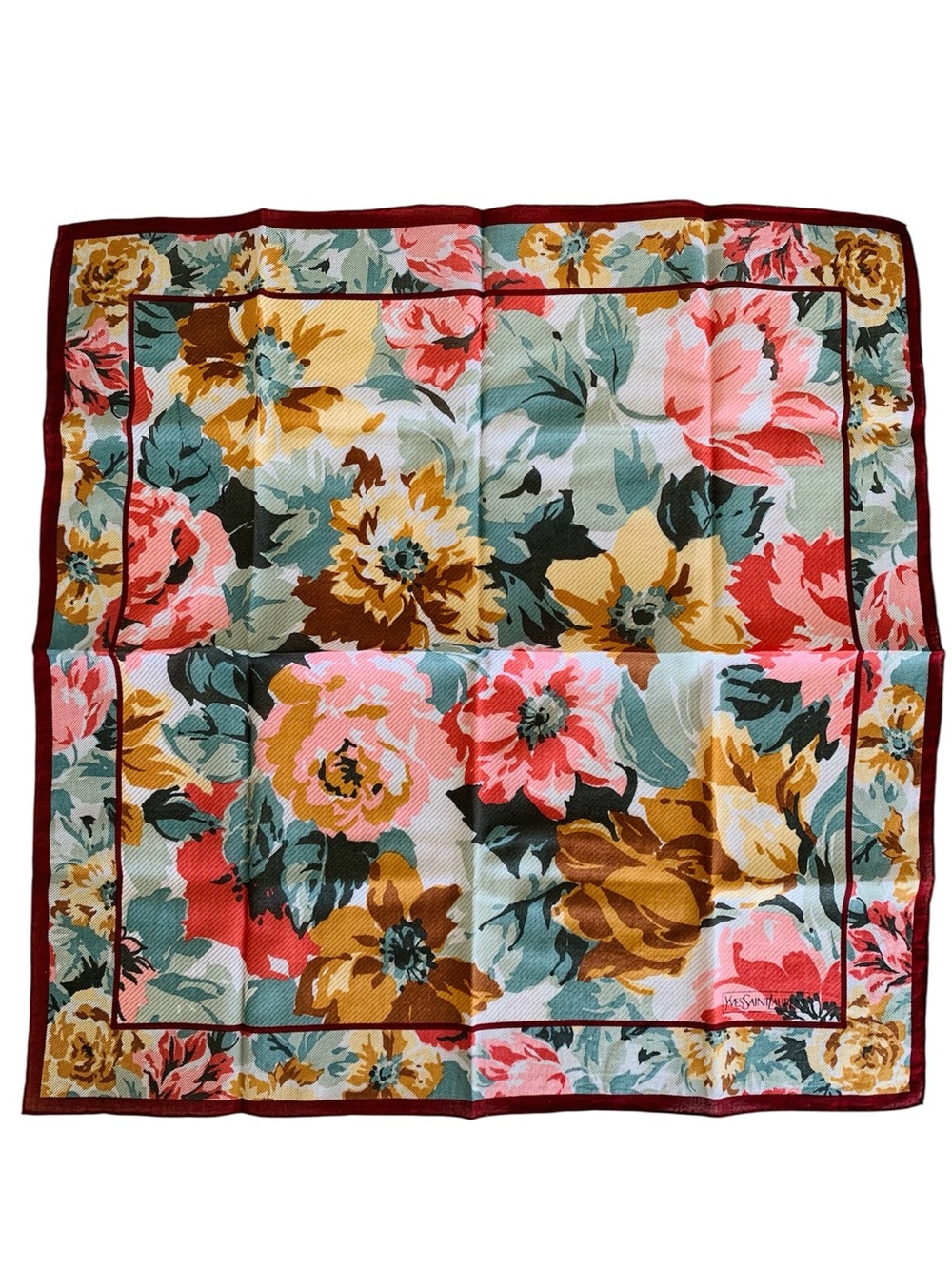 Yves Saint Laurent YSL Vintage Floral Handkerchief 18” Burgundy Pink White Japan